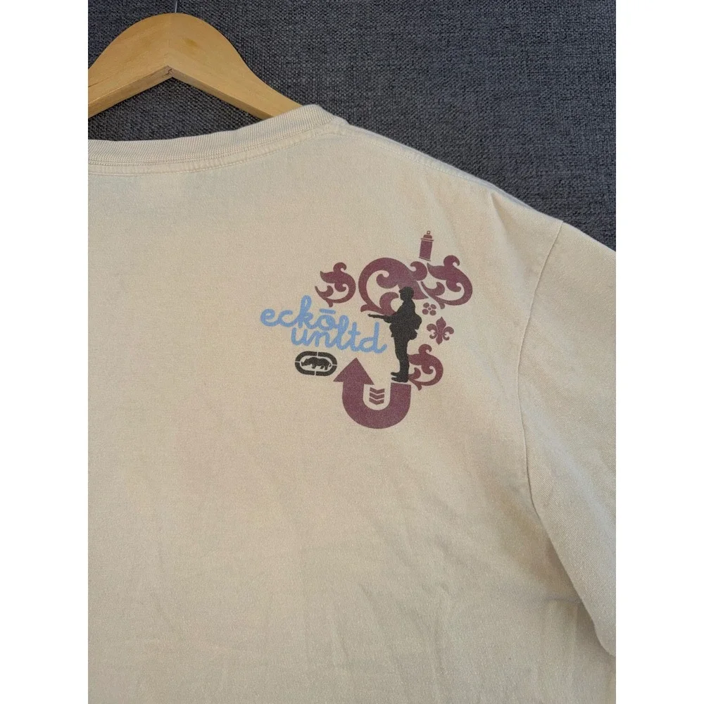 Y2K Ecko Unltd Mens Graphic T-Shirt Cream Short Sleeve Skull Microphones Size M